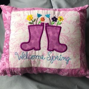 Embroidered “Welcome Spring” pillow
